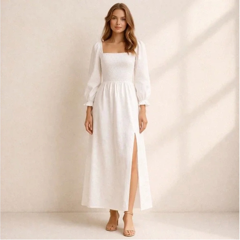 Reformation Gitane Linen‎ Midi Dress Size S White Smocked Puff Sleeve Cottage